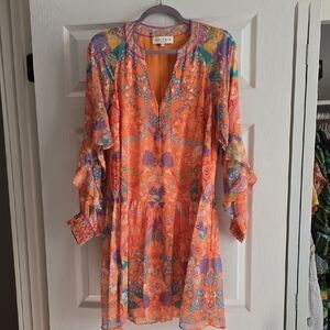 Hale Bob Vibrant Orange Floral Long Sleeve Dress
